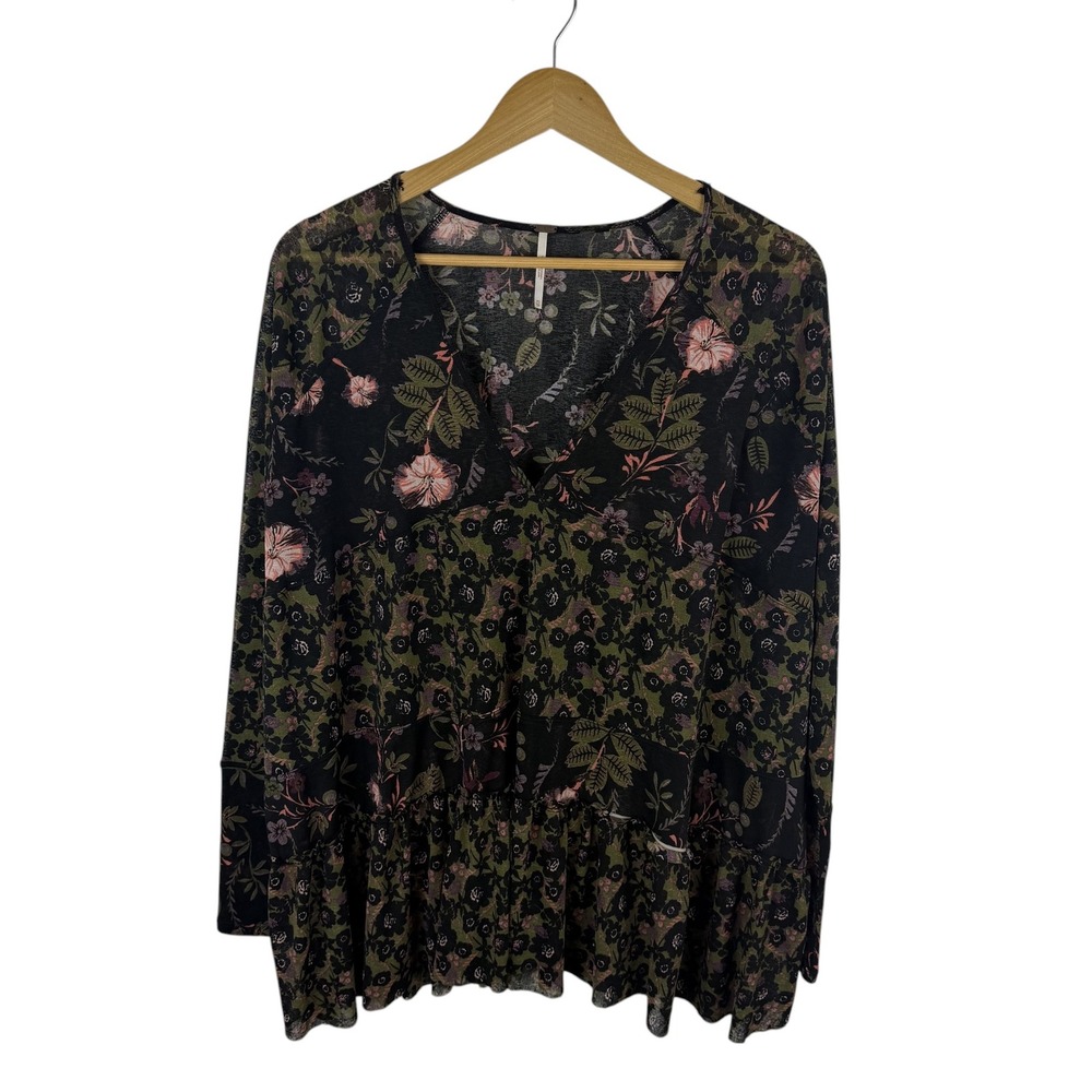 Free People Floral Tiered Babydoll Top XS Boho Dark Romantic Oversized Flowy